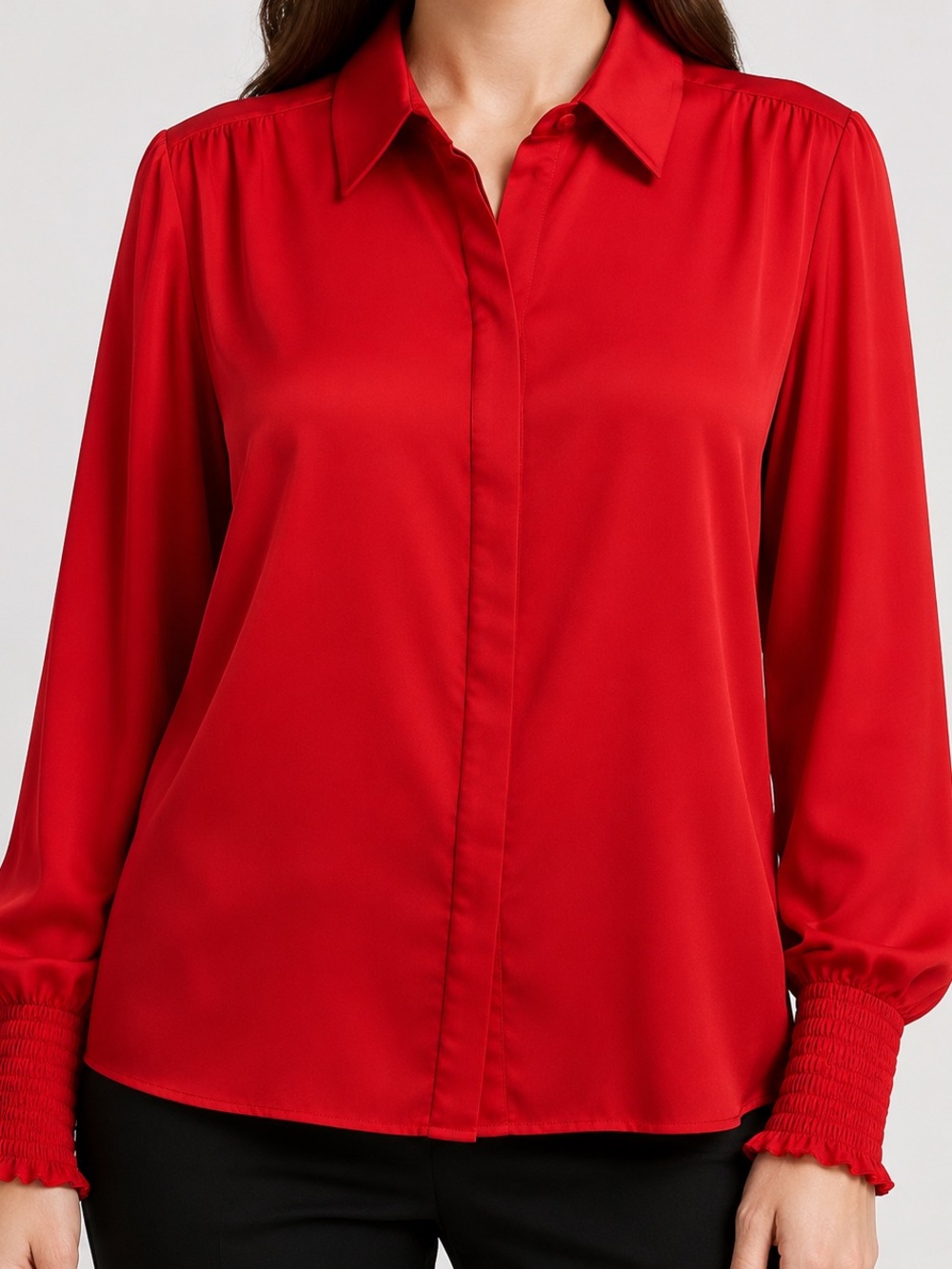 Express Red Button-Front Long Sleeve Blouse